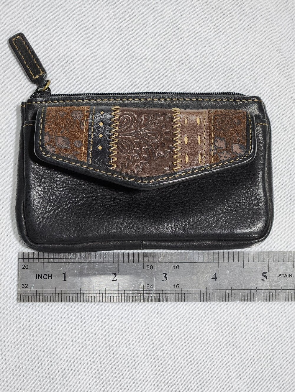 Fossil Coin Wallet Patchwork Leather Black Brown Tan ID Window Key Ring Snap Zip - Picture 5 of 9